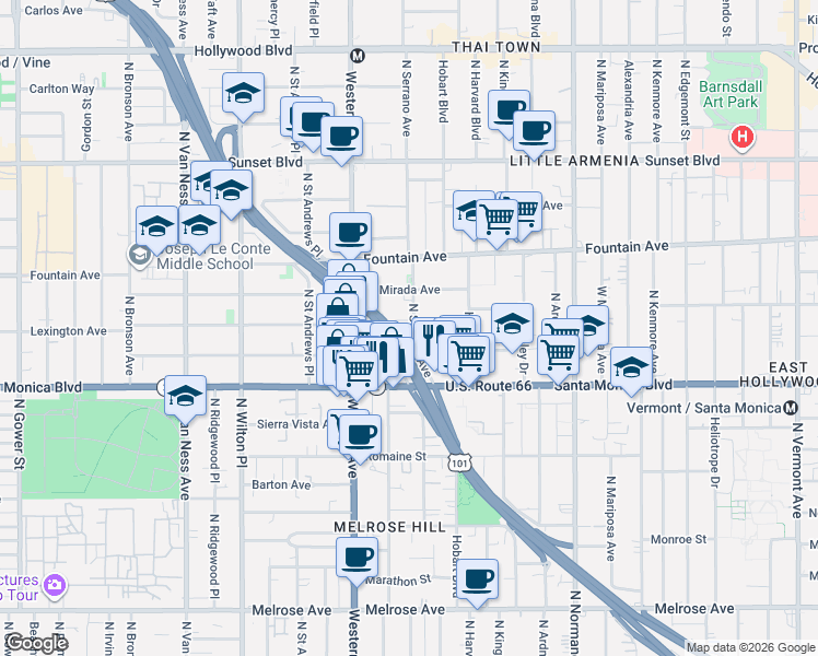 map of restaurants, bars, coffee shops, grocery stores, and more near 5357 Virginia Avenue in Los Angeles
