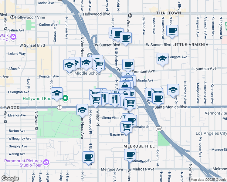 map of restaurants, bars, coffee shops, grocery stores, and more near 5603 Virginia Avenue in Los Angeles