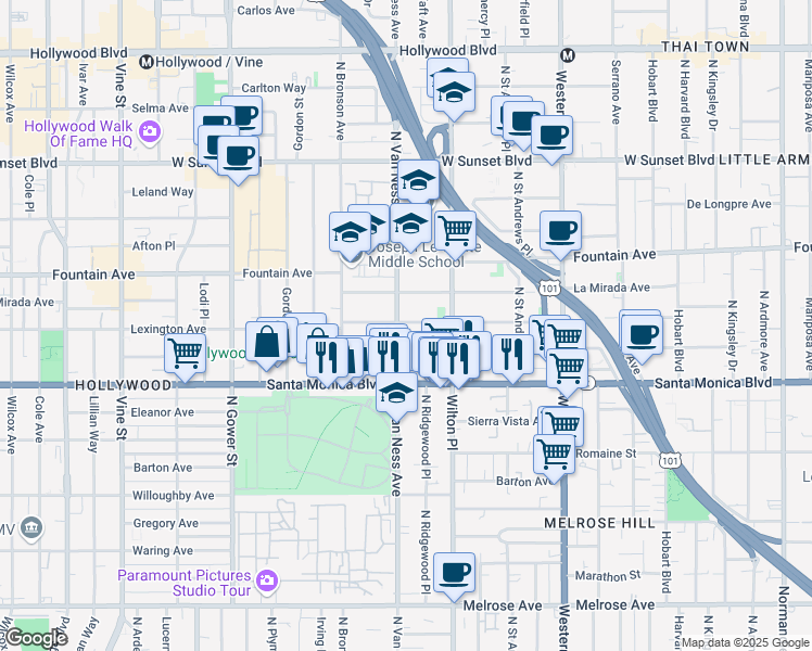 map of restaurants, bars, coffee shops, grocery stores, and more near 5753 Virginia Avenue in Los Angeles