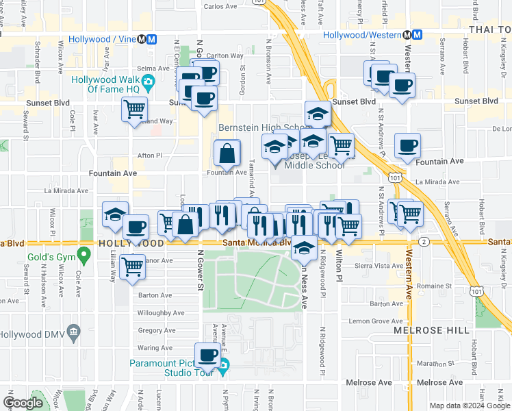 map of restaurants, bars, coffee shops, grocery stores, and more near 1143 North Bronson Avenue in Los Angeles