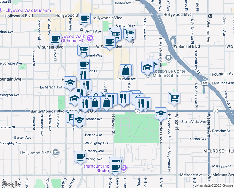 map of restaurants, bars, coffee shops, grocery stores, and more near 1143 North Beachwood Drive in Los Angeles