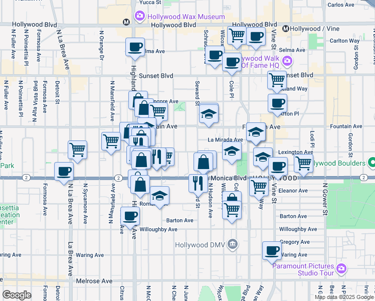 map of restaurants, bars, coffee shops, grocery stores, and more near 1151 Seward Street in Los Angeles