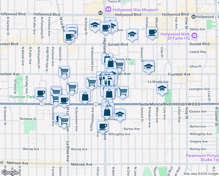 map of restaurants, bars, coffee shops, grocery stores, and more near 1145 North McCadden Place in Los Angeles
