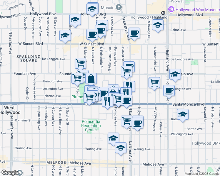 map of restaurants, bars, coffee shops, grocery stores, and more near 1142 North Poinsettia Place in West Hollywood