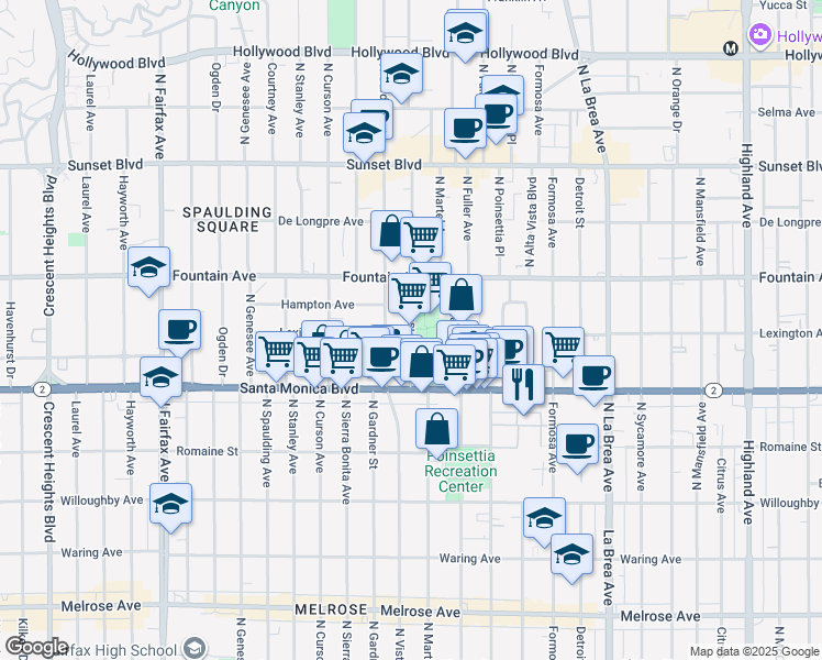 map of restaurants, bars, coffee shops, grocery stores, and more near 1140 North Vista Street in West Hollywood
