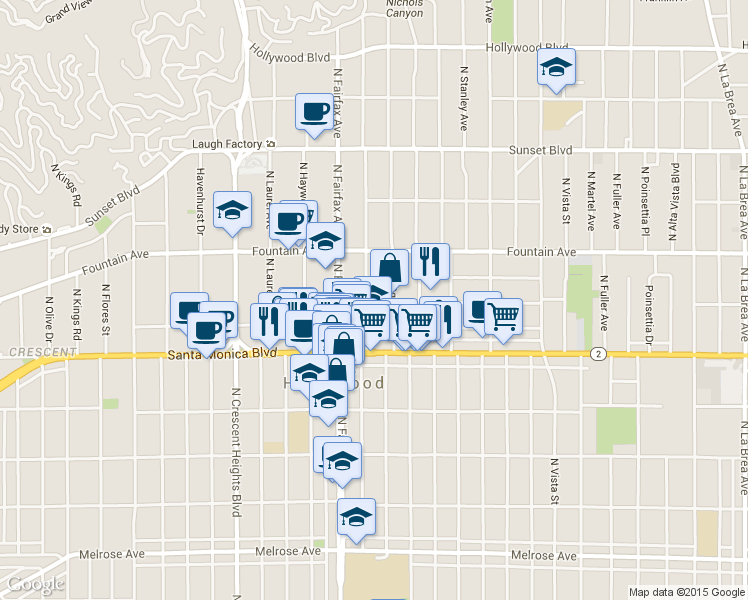 map of restaurants, bars, coffee shops, grocery stores, and more near 1145 North Orange Grove Avenue in West Hollywood