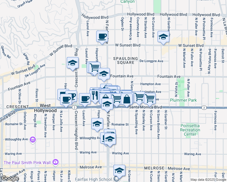 map of restaurants, bars, coffee shops, grocery stores, and more near 1145 North Orange Grove Avenue in West Hollywood