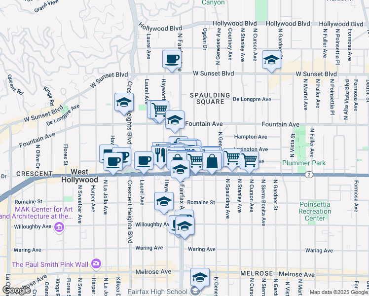 map of restaurants, bars, coffee shops, grocery stores, and more near 1145 North Orange Grove Avenue in West Hollywood