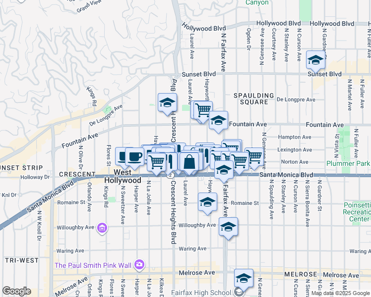 map of restaurants, bars, coffee shops, grocery stores, and more near 8011 Norton Avenue in West Hollywood