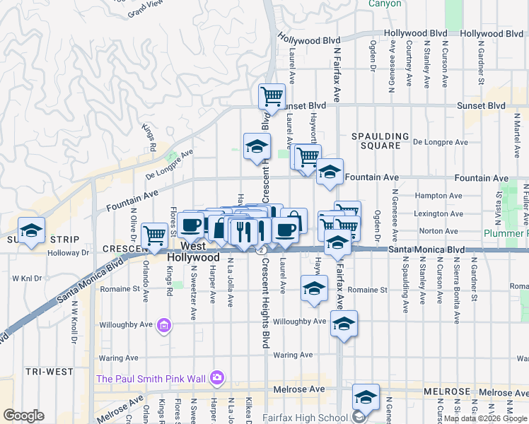 map of restaurants, bars, coffee shops, grocery stores, and more near 8109 1/2 Norton Avenue in West Hollywood
