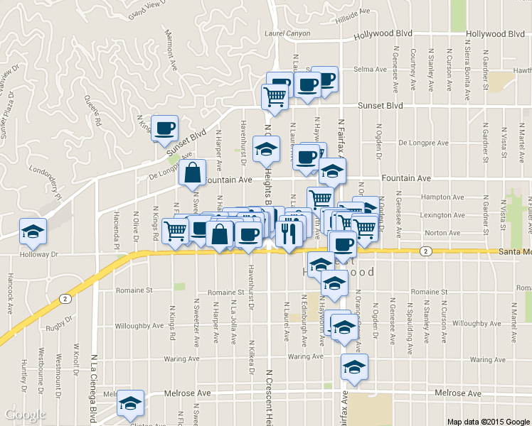 map of restaurants, bars, coffee shops, grocery stores, and more near 8109 1/2 Norton Avenue in West Hollywood