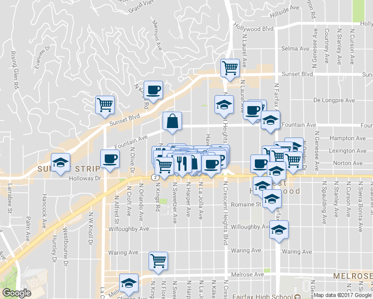 map of restaurants, bars, coffee shops, grocery stores, and more near 8261 Norton Avenue in West Hollywood