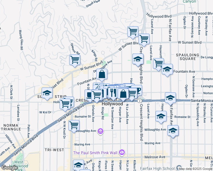 map of restaurants, bars, coffee shops, grocery stores, and more near 1210 North Flores Street in West Hollywood