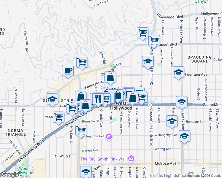 map of restaurants, bars, coffee shops, grocery stores, and more near 1210 North Kings Road in West Hollywood