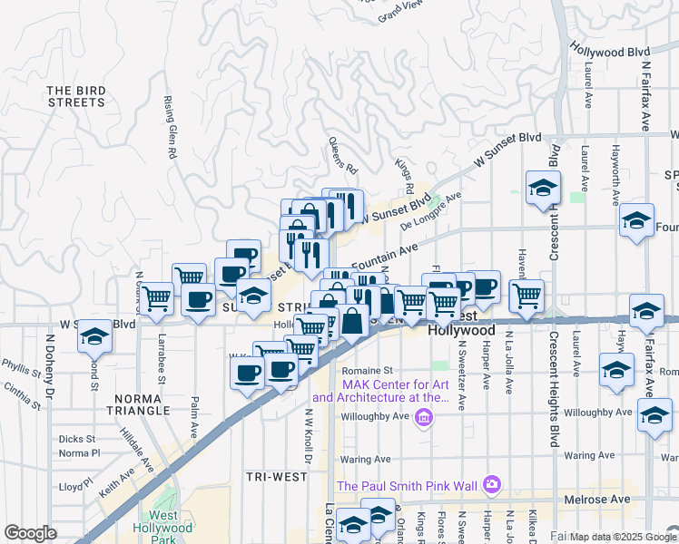 map of restaurants, bars, coffee shops, grocery stores, and more near 1147 Hacienda Place in West Hollywood