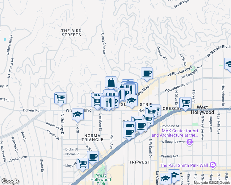 map of restaurants, bars, coffee shops, grocery stores, and more near 8780 Shoreham Drive in West Hollywood