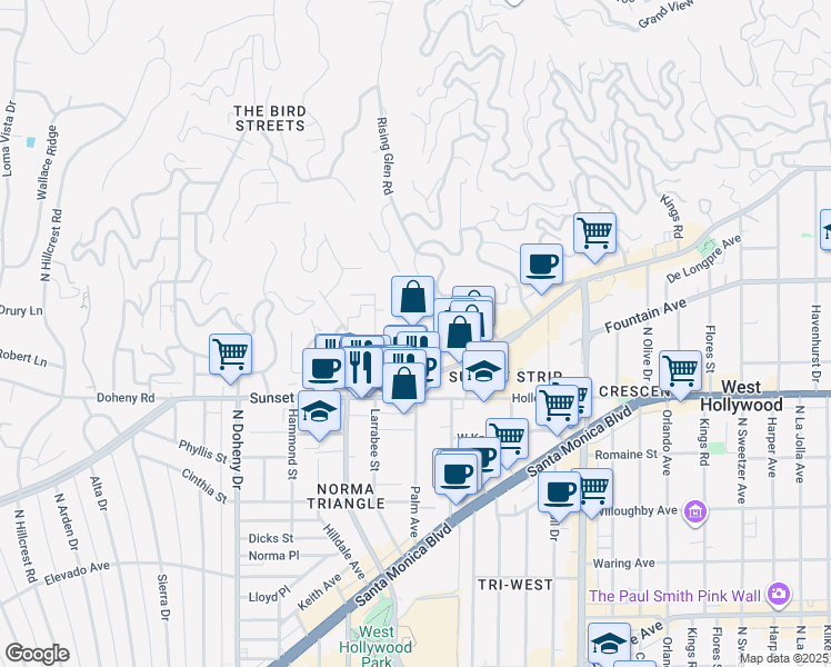 map of restaurants, bars, coffee shops, grocery stores, and more near 8780 Shoreham Drive in West Hollywood