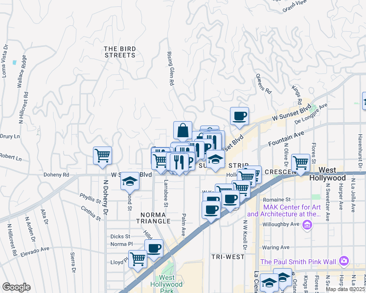 map of restaurants, bars, coffee shops, grocery stores, and more near 8780 Shoreham Drive in West Hollywood