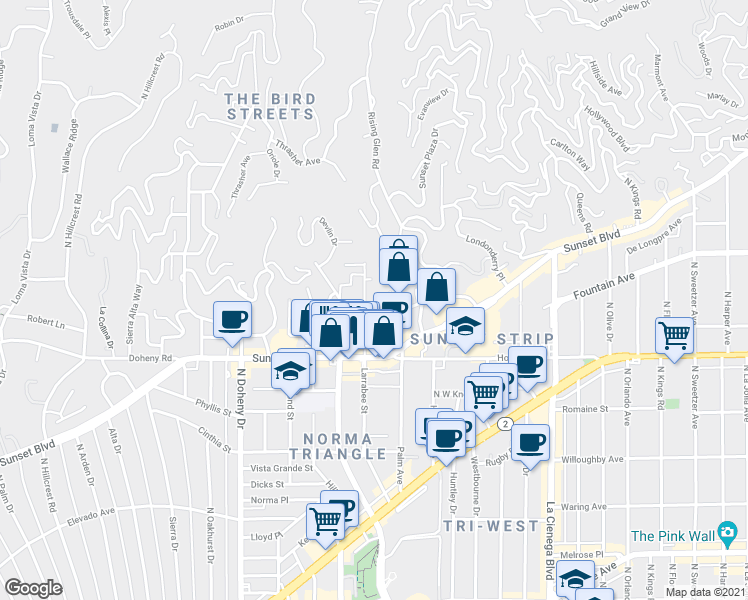 map of restaurants, bars, coffee shops, grocery stores, and more near 1136 Larrabee Street in West Hollywood