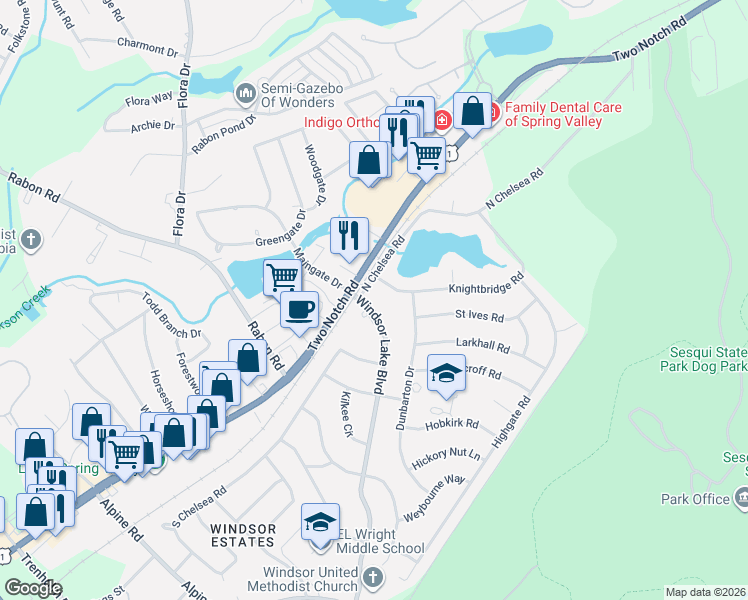 map of restaurants, bars, coffee shops, grocery stores, and more near 9866 Windsor Lake Boulevard in Columbia