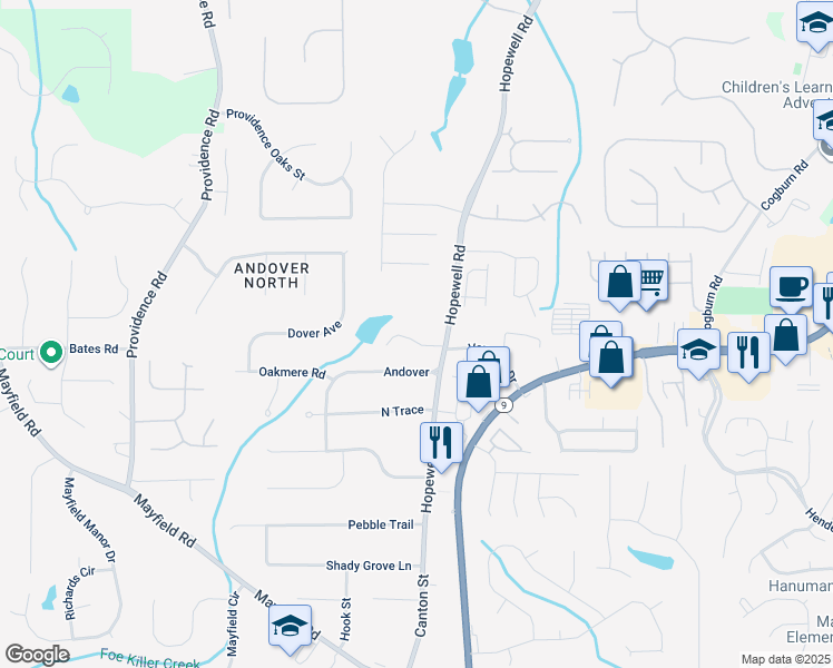 map of restaurants, bars, coffee shops, grocery stores, and more near 115 Baxley Lane in Alpharetta