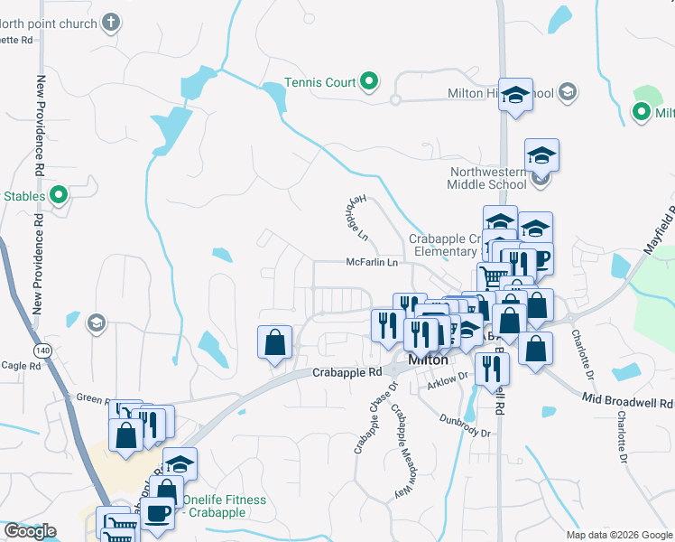map of restaurants, bars, coffee shops, grocery stores, and more near 2161 McFarlin Lane in Alpharetta