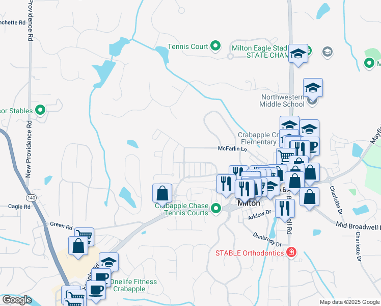 map of restaurants, bars, coffee shops, grocery stores, and more near 2165 McFarlin Lane in Alpharetta