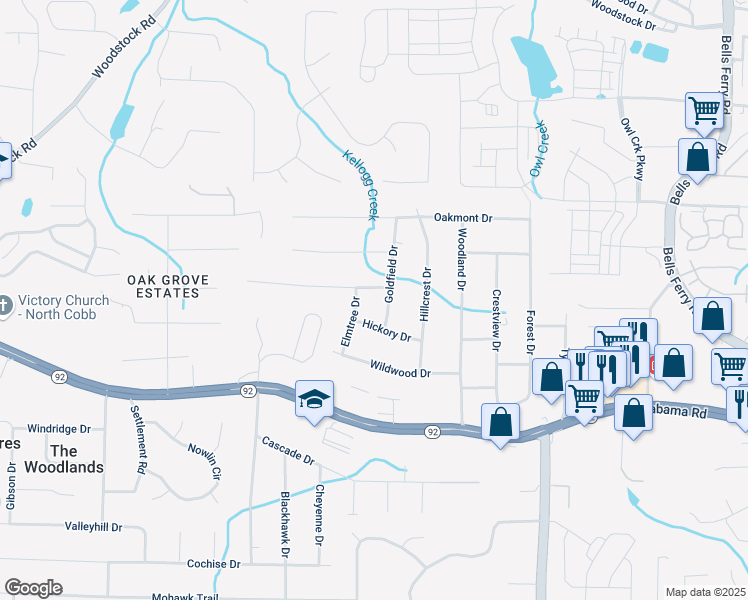 map of restaurants, bars, coffee shops, grocery stores, and more near 1497 Dogwood Lane in Acworth