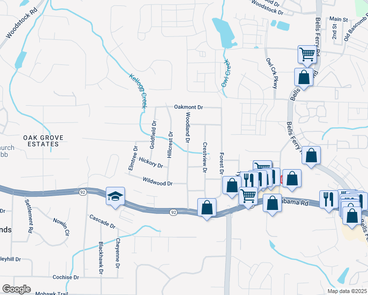 map of restaurants, bars, coffee shops, grocery stores, and more near 5689 Woodland Drive in Acworth