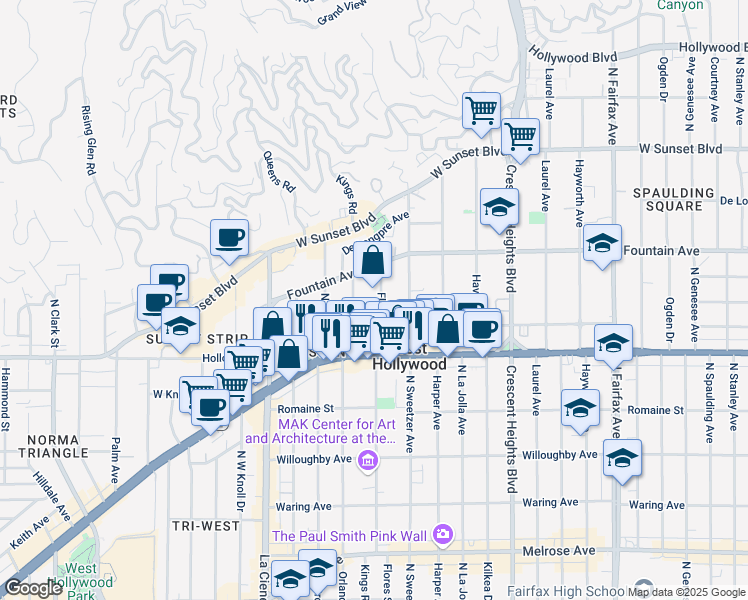 map of restaurants, bars, coffee shops, grocery stores, and more near 1233 Flores Street in West Hollywood
