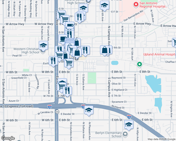 map of restaurants, bars, coffee shops, grocery stores, and more near 196 Eureka Place in Upland