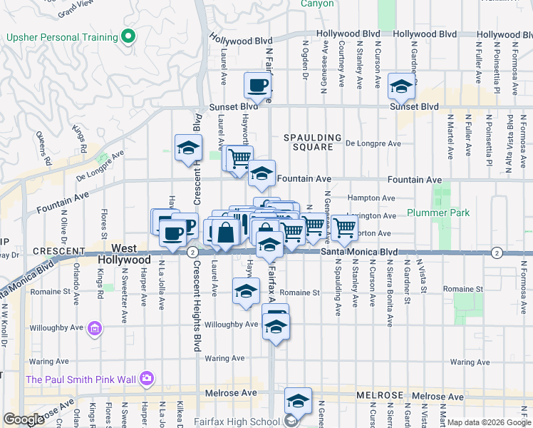 map of restaurants, bars, coffee shops, grocery stores, and more near 7911 Norton Avenue in West Hollywood