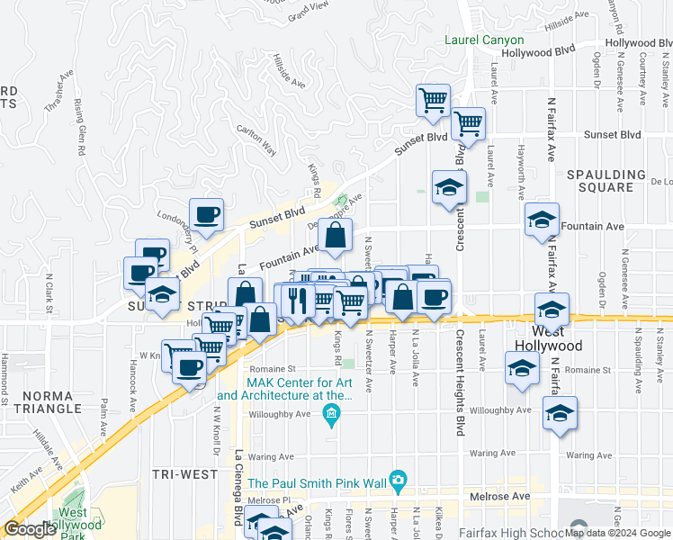 map of restaurants, bars, coffee shops, grocery stores, and more near 1233 Flores Street in West Hollywood