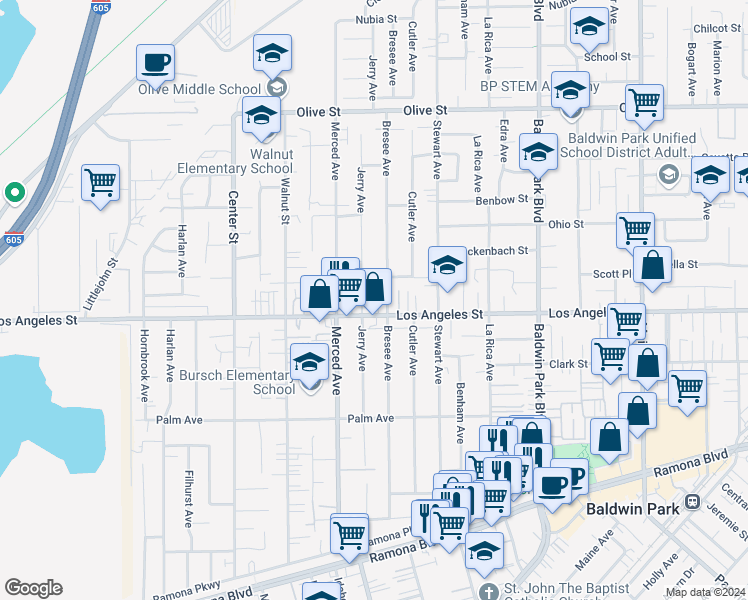 map of restaurants, bars, coffee shops, grocery stores, and more near 13851 Los Angeles Street in Baldwin Park