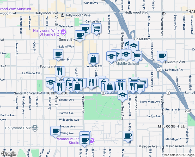 map of restaurants, bars, coffee shops, grocery stores, and more near 1200 Gordon Street in Los Angeles