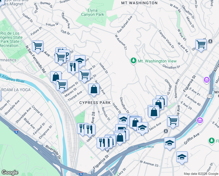 map of restaurants, bars, coffee shops, grocery stores, and more near 756 Isabel Street in Los Angeles