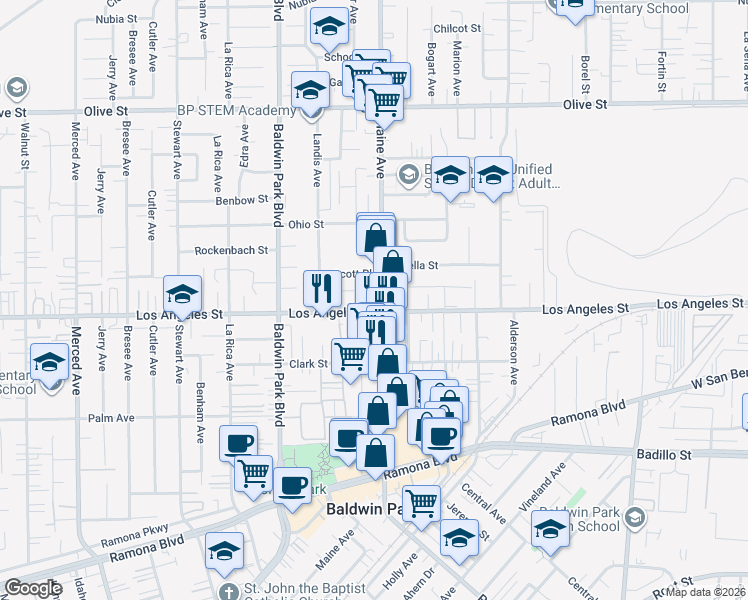 map of restaurants, bars, coffee shops, grocery stores, and more near 4413 Maine Avenue in Baldwin Park