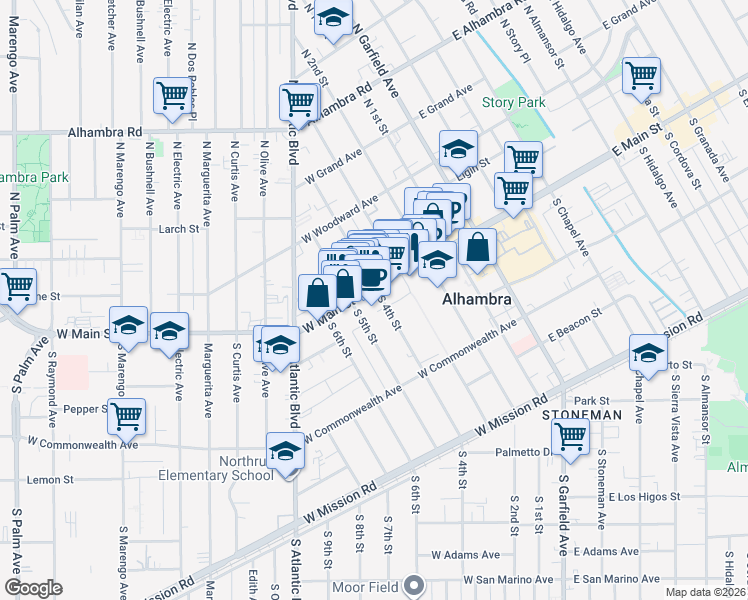 map of restaurants, bars, coffee shops, grocery stores, and more near 221/1 West Main Street in Alhambra