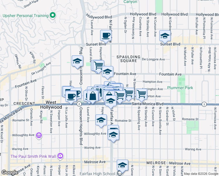 map of restaurants, bars, coffee shops, grocery stores, and more near 7911 Norton Avenue in West Hollywood