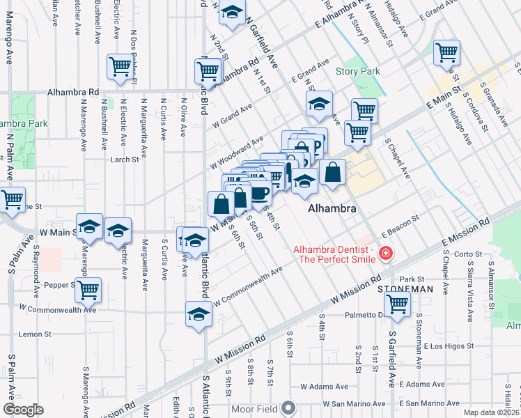 map of restaurants, bars, coffee shops, grocery stores, and more near 58 South 5th Street in Alhambra