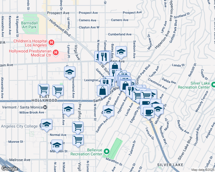 map of restaurants, bars, coffee shops, grocery stores, and more near 4121 Santa Monica Boulevard in Los Angeles