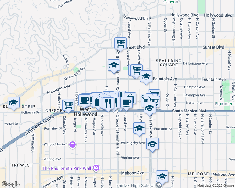 map of restaurants, bars, coffee shops, grocery stores, and more near 8109 1/2 Norton Avenue in West Hollywood