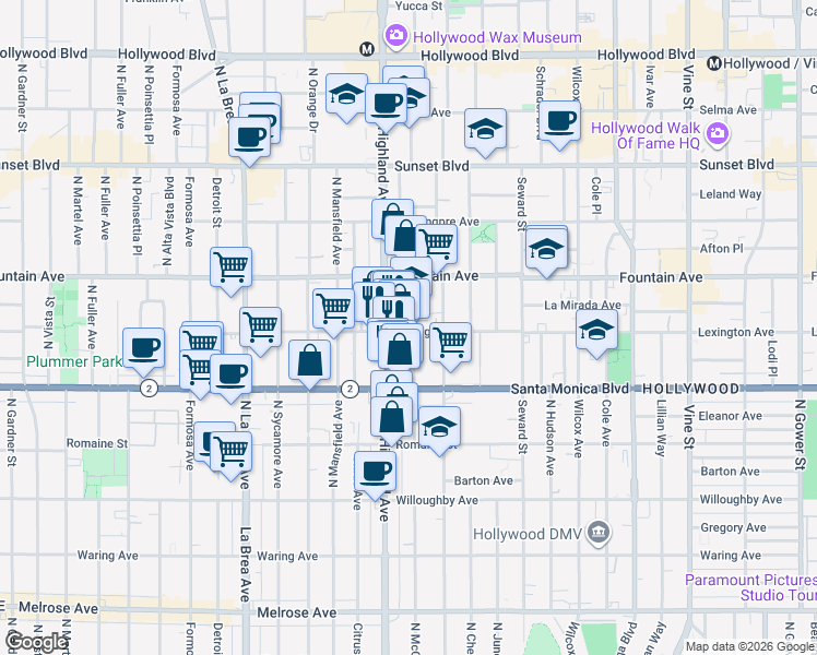 map of restaurants, bars, coffee shops, grocery stores, and more near 1145 North McCadden Place in Los Angeles
