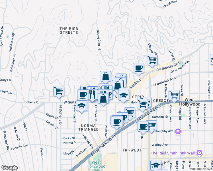 map of restaurants, bars, coffee shops, grocery stores, and more near 8780 Shoreham Drive in West Hollywood