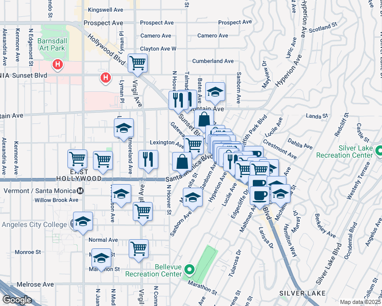 map of restaurants, bars, coffee shops, grocery stores, and more near 4202 Lexington Avenue in Los Angeles