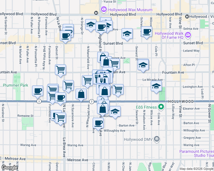 map of restaurants, bars, coffee shops, grocery stores, and more near 2 North McCadden Place in Los Angeles