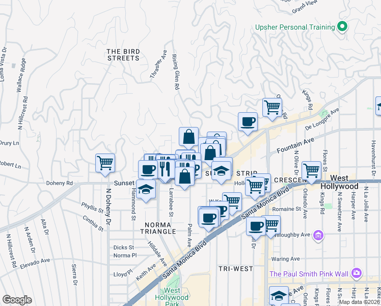 map of restaurants, bars, coffee shops, grocery stores, and more near 8787 Shoreham Drive in West Hollywood