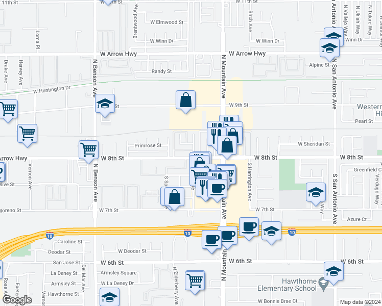 map of restaurants, bars, coffee shops, grocery stores, and more near 1301 West 8th Street in Upland