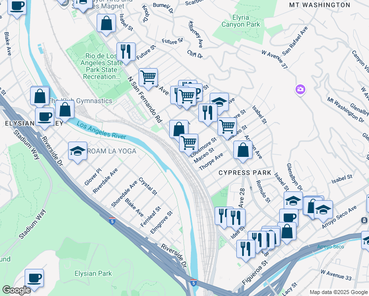 map of restaurants, bars, coffee shops, grocery stores, and more near 2601 Loosmore Street in Los Angeles