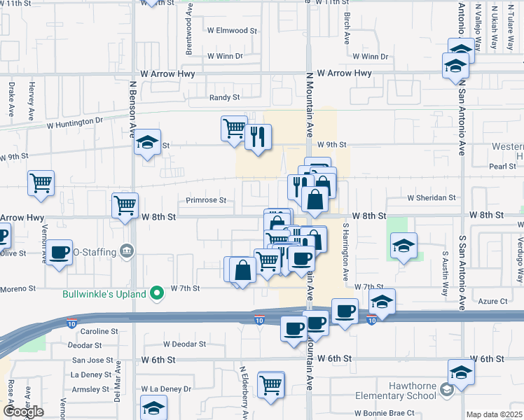 map of restaurants, bars, coffee shops, grocery stores, and more near 1307 West 8th Street in Upland